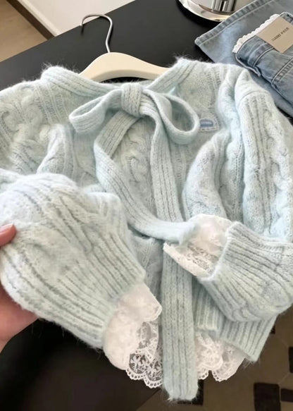 Casual Light Blue Tie-uUp Bow Patchwork Lace Knit Sweater Fall