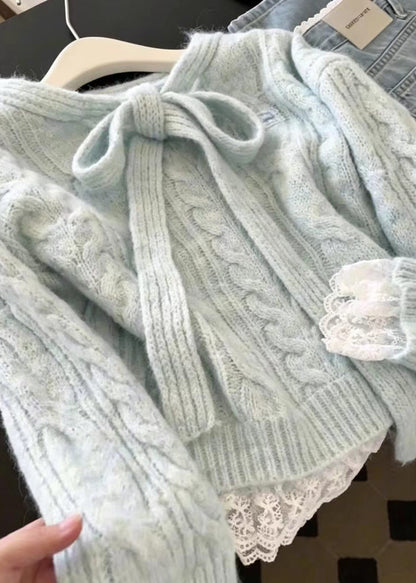 Casual Light Blue Tie-uUp Bow Patchwork Lace Knit Sweater Fall