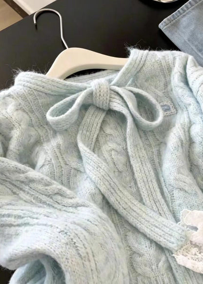 Casual Light Blue Tie-uUp Bow Patchwork Lace Knit Sweater Fall