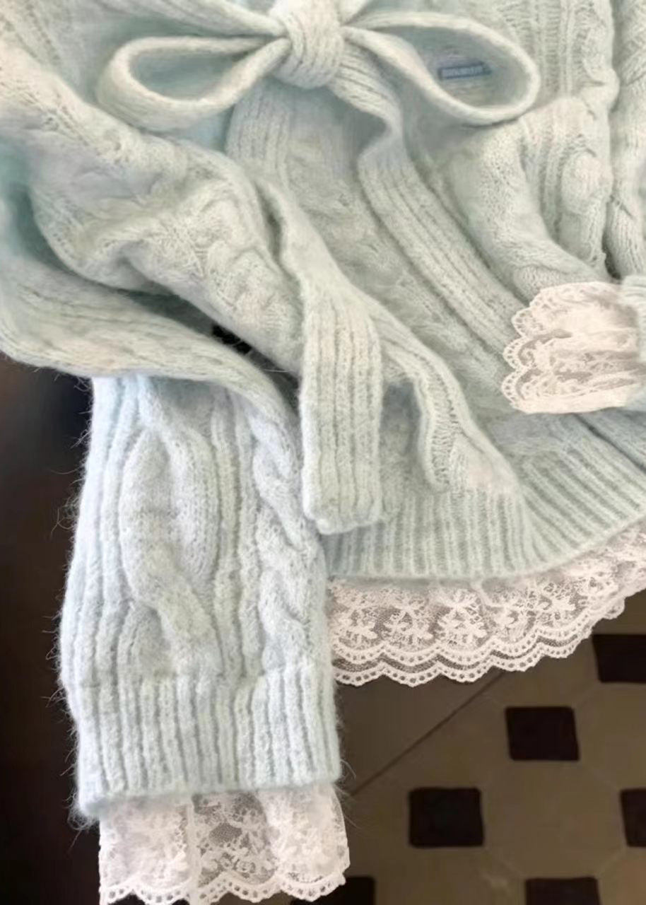 Casual Light Blue Tie-uUp Bow Patchwork Lace Knit Sweater Fall