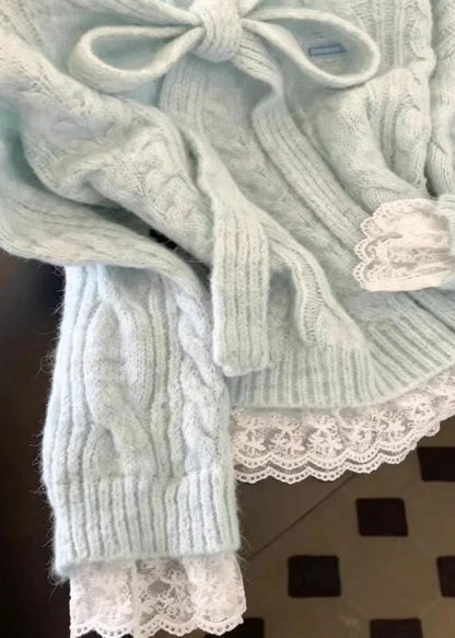 Casual Light Blue Tie-uUp Bow Patchwork Lace Knit Sweater Fall