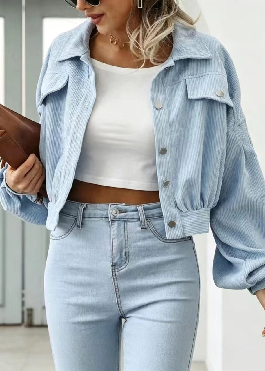 Casual Light Blue Turn-Down Collar Corduroy Lantern Sleeve