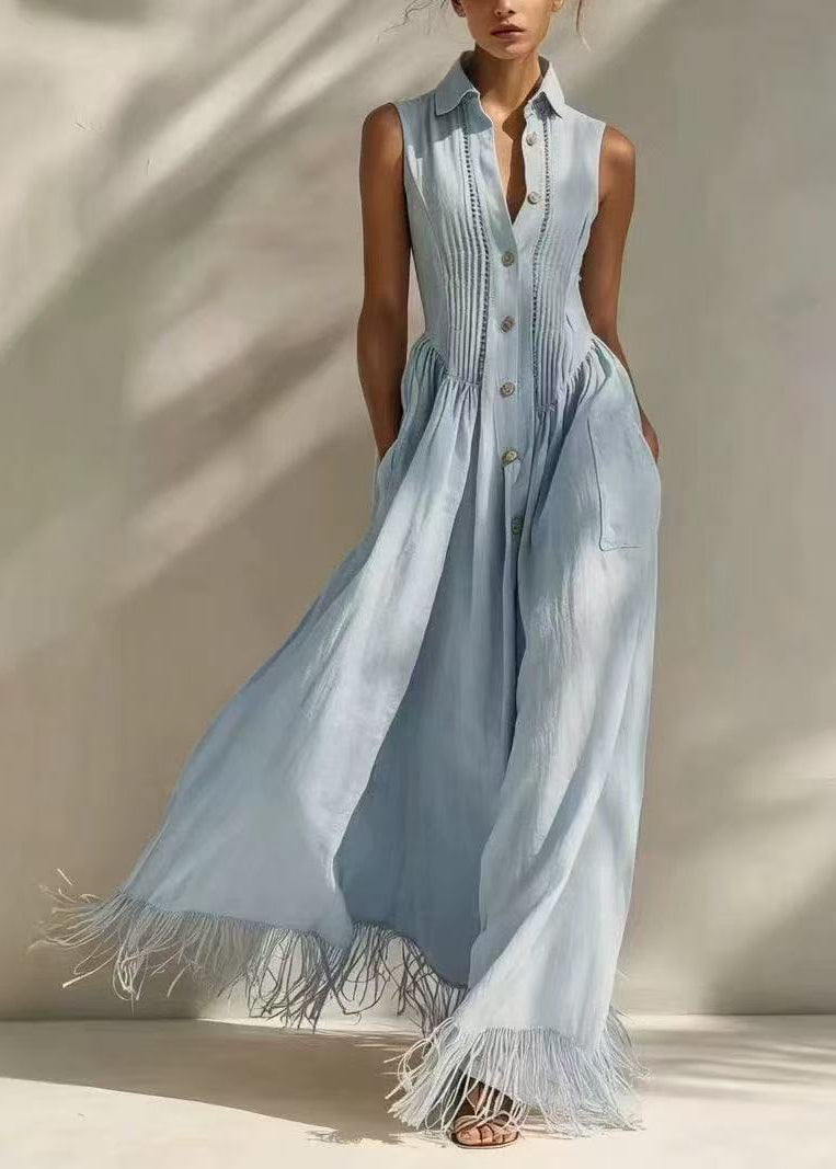 Casual Light Blue Turn-Down Collar Pleated Tassel Exra Large Hem Long Dress Fall