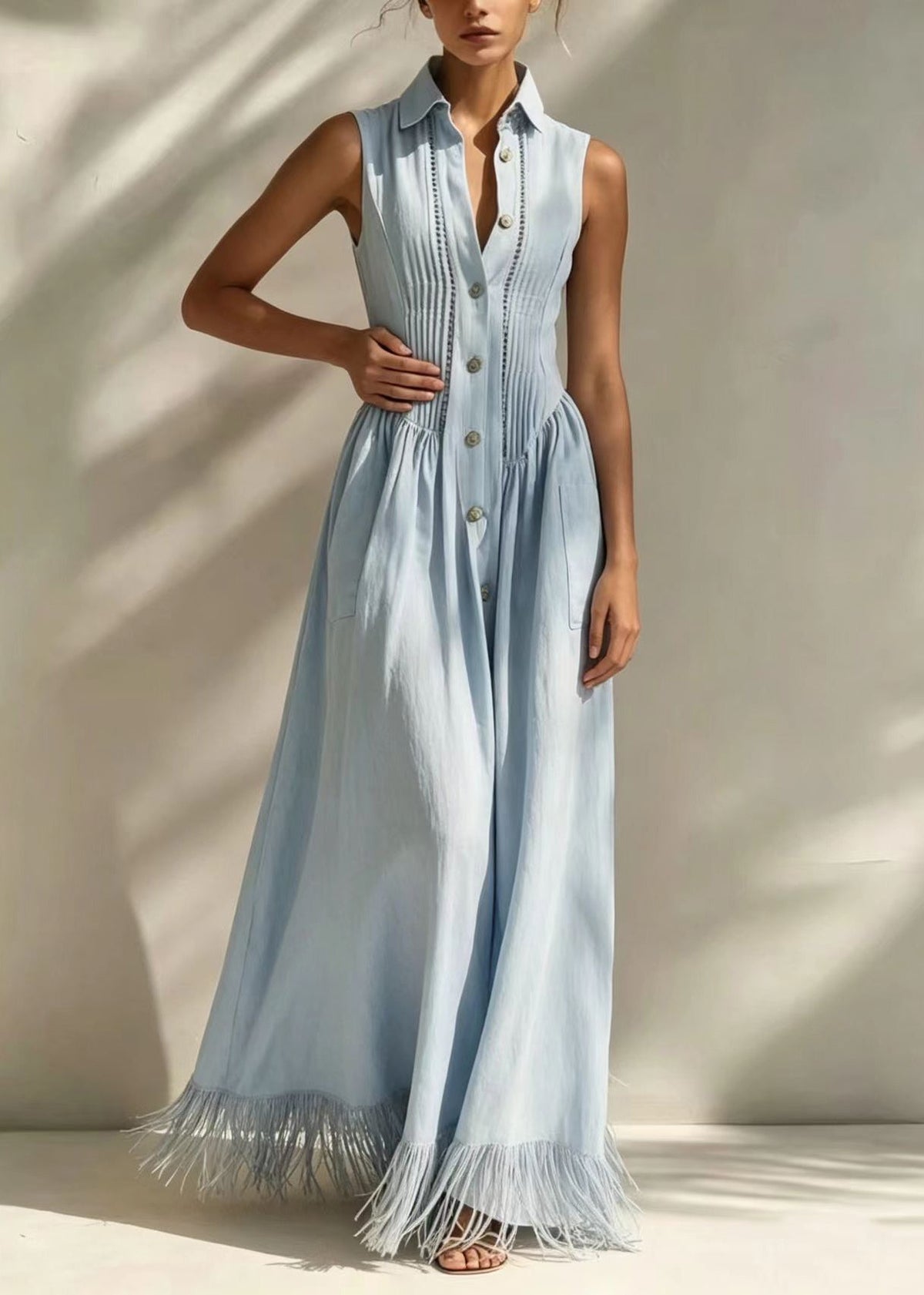 Casual Light Blue Turn-Down Collar Pleated Tassel Exra Large Hem Long Dress Fall