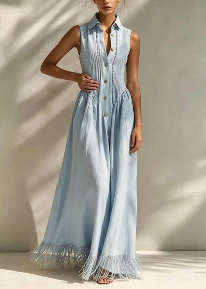 Casual Light Blue Turn-Down Collar Pleated Tassel Exra Large Hem Long Dress Fall