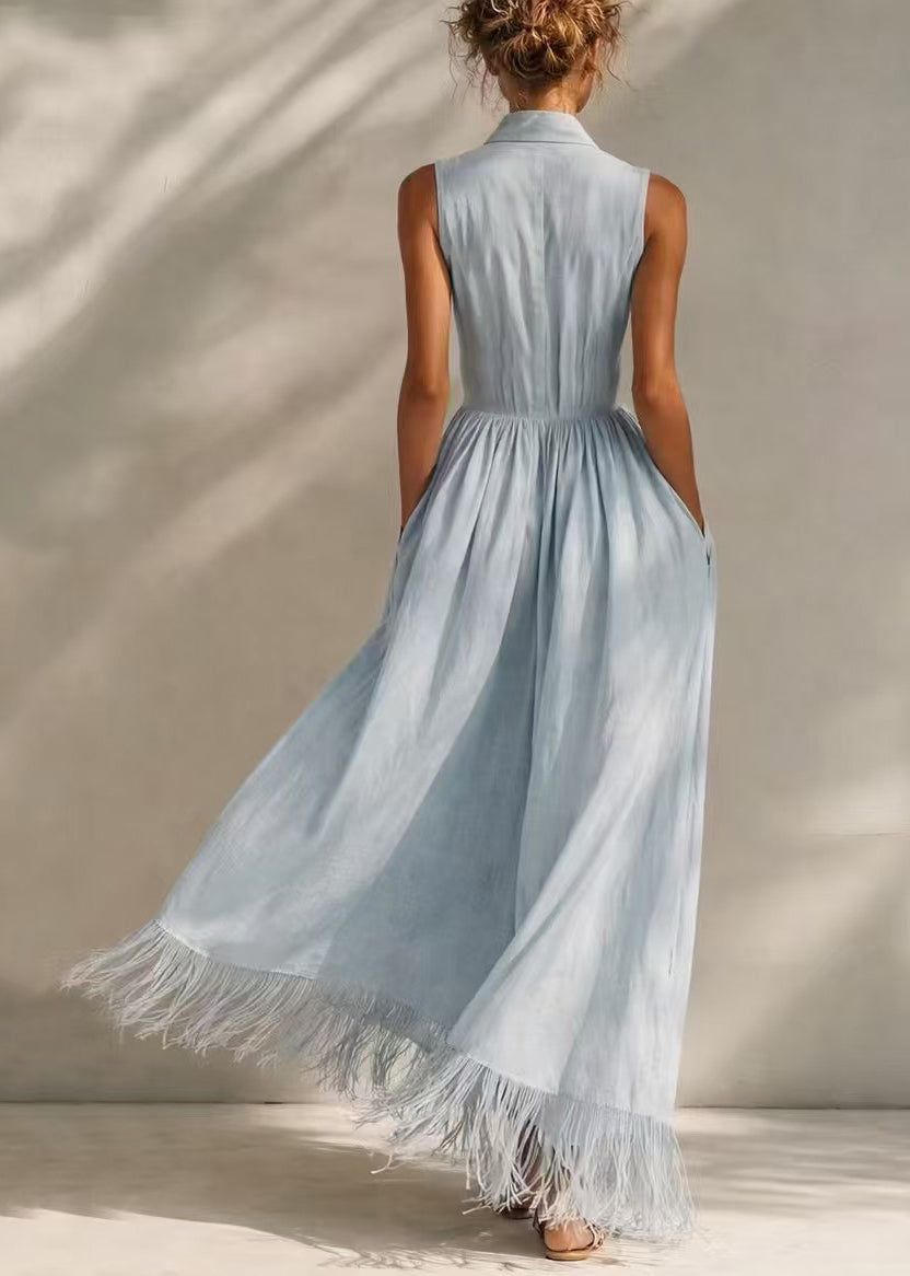 Casual Light Blue Turn-Down Collar Pleated Tassel Exra Large Hem Long Dress Fall