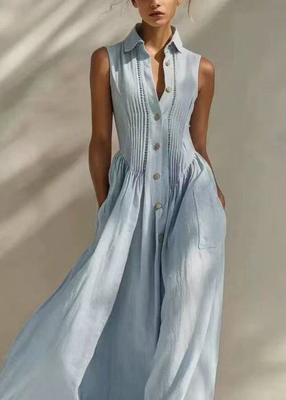 Casual Light Blue Turn-Down Collar Pleated Tassel Exra Large Hem Long Dress Fall
