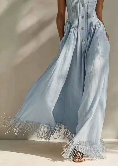 Casual Light Blue Turn-Down Collar Pleated Tassel Exra Large Hem Long Dress Fall