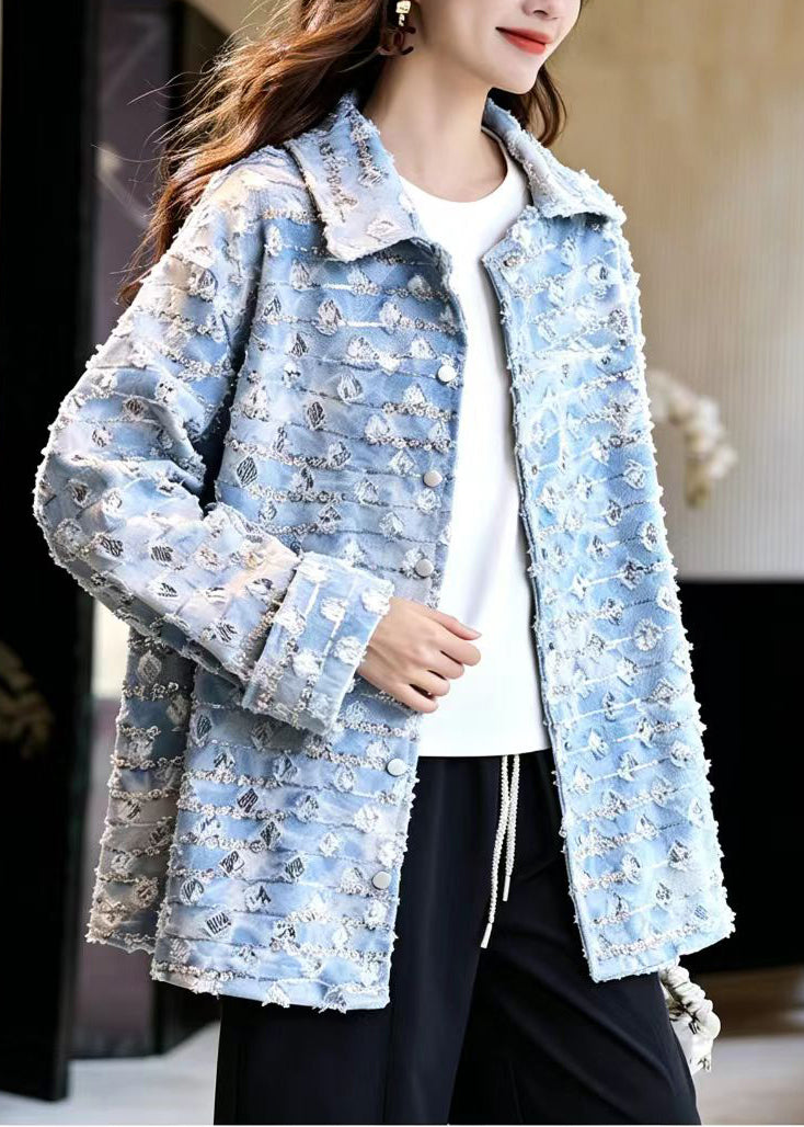 Casual Light Blue Turn-Down Collar Sequins Midi Length Denim Jackets Fall