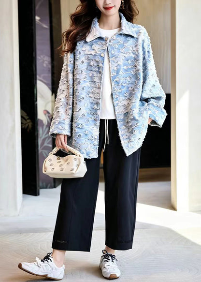 Casual Light Blue Turn-Down Collar Sequins Midi Length Denim Jackets Fall