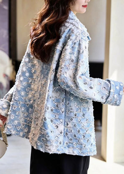 Casual Light Blue Turn-Down Collar Sequins Midi Length Denim Jackets Fall