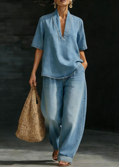 Casual Light Blue V Neck Patchwork Denim T Shirt And Jeans Two Pieces Set Short Sleeve