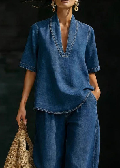 Casual Light Blue V Neck Patchwork Denim T Shirt And Jeans Two Pieces Set Short Sleeve