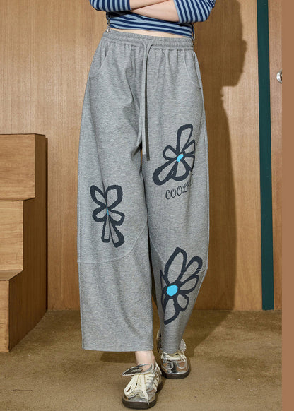 Casual Light Grey Floral Print Elastic Waist Cotton Crop Pants Fall