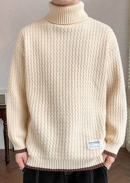 Casual Light Khaki Striped Patchwork Knit Mens Sweaters Winter