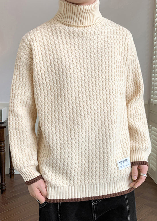 Casual Light Khaki Striped Patchwork Knit Mens Sweaters Winter