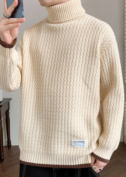 Casual Light Khaki Striped Patchwork Knit Mens Sweaters Winter