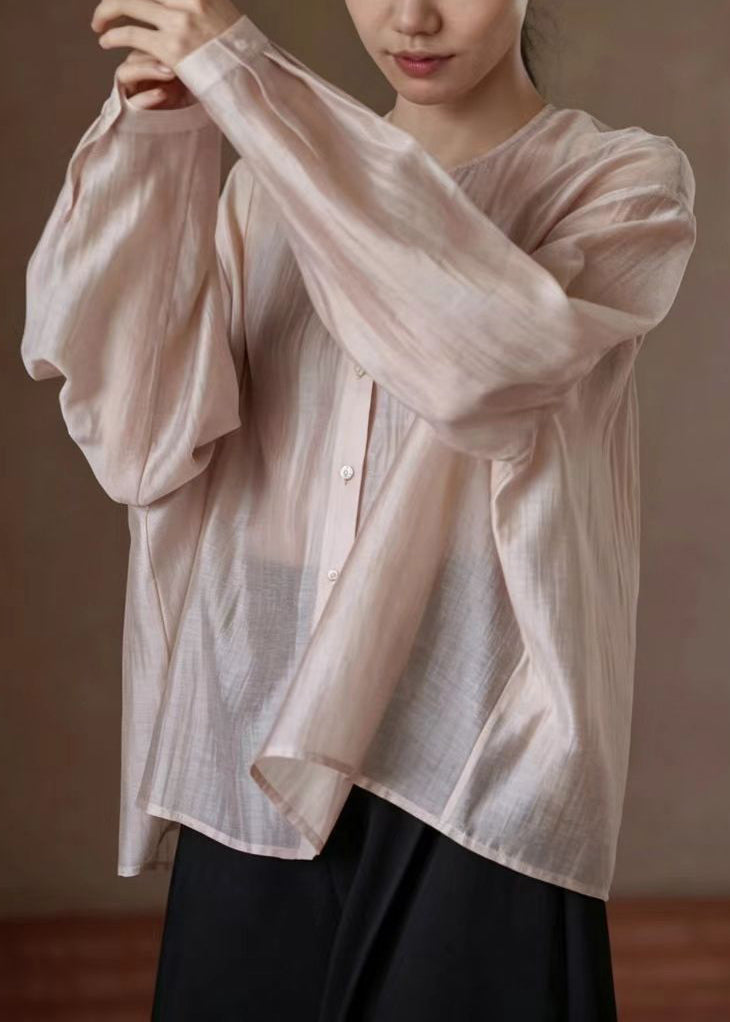 Casual Light Pink O-Neck Shirt Top Long Sleeve