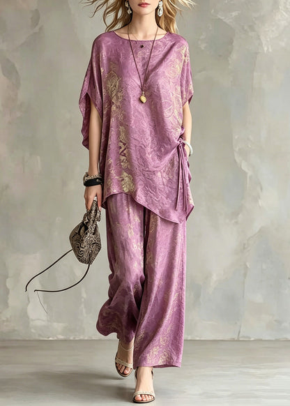Casual Light Purple Asymmetrical Tie Waist Silk T Shirts And Wide Leg Pants Two Pieces Set Short Sleeve