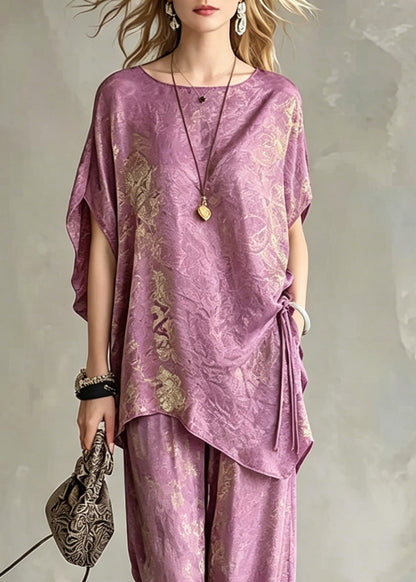 Casual Light Purple Asymmetrical Tie Waist Silk T Shirts And Wide Leg Pants Two Pieces Set Short Sleeve