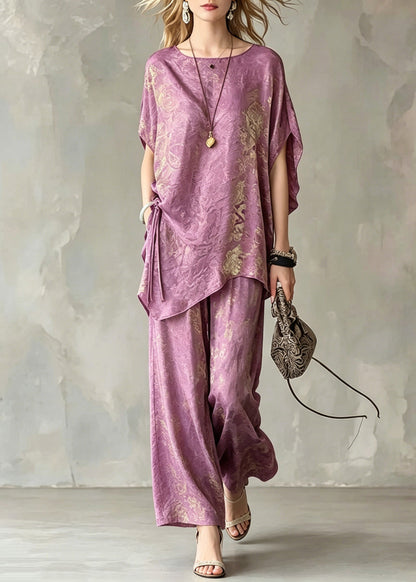 Casual Light Purple Asymmetrical Tie Waist Silk T Shirts And Wide Leg Pants Two Pieces Set Short Sleeve
