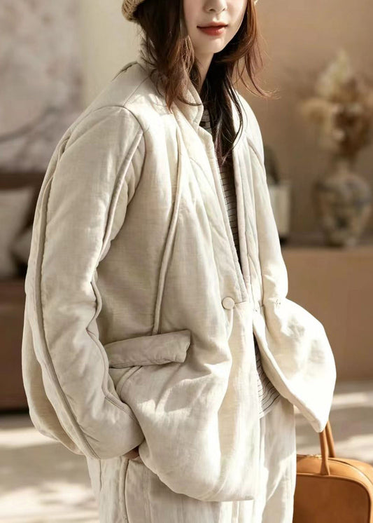 Casual Linen Tone Stand Collar Cotton Filled Jackets Winter