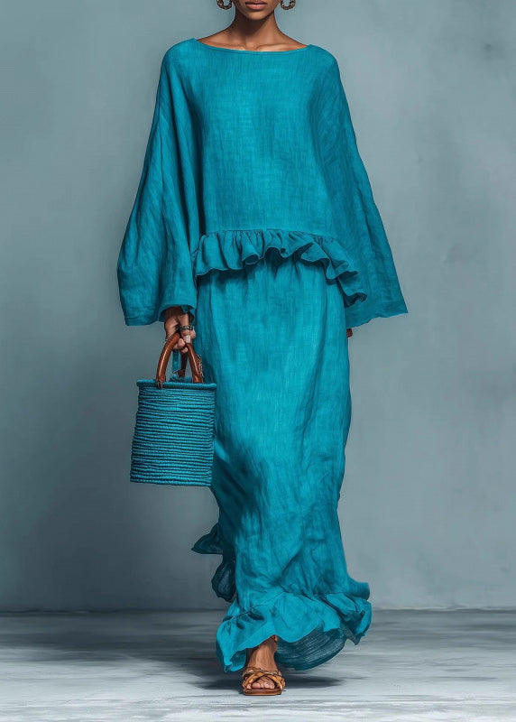 Casual Loose Blue Ruffled Patchwork Cotton Two Piece Set Long Sleeve