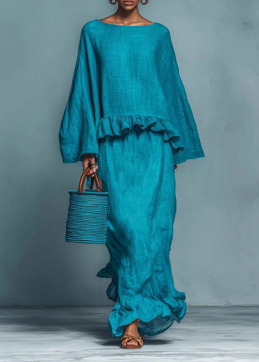 Casual Loose Blue Ruffled Patchwork Cotton Two Piece Set Long Sleeve