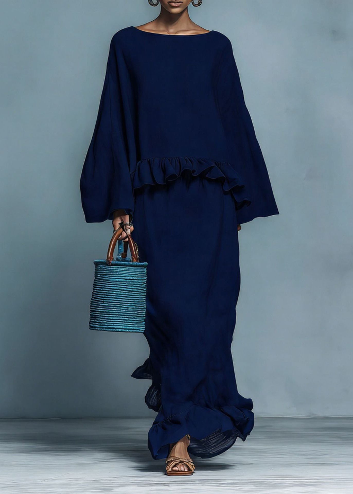 Casual Loose Blue Ruffled Patchwork Cotton Two Piece Set Long Sleeve