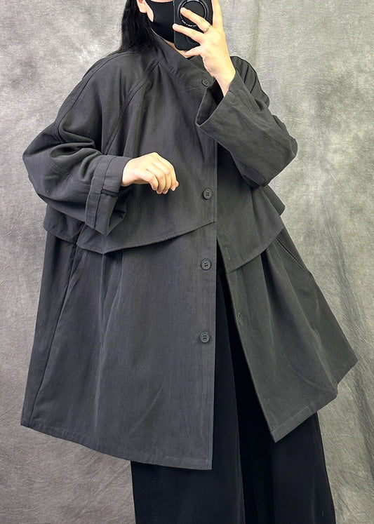 Casual Loose Grey Pockets Button Patchwork Cotton Coat Fall