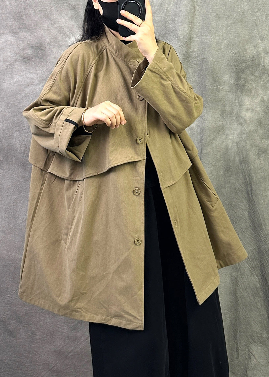 Casual Loose Grey Pockets Button Patchwork Cotton Coat Fall
