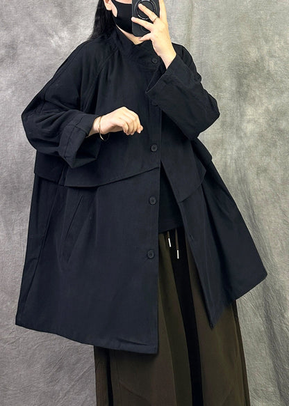 Casual Loose Grey Pockets Button Patchwork Cotton Coat Fall
