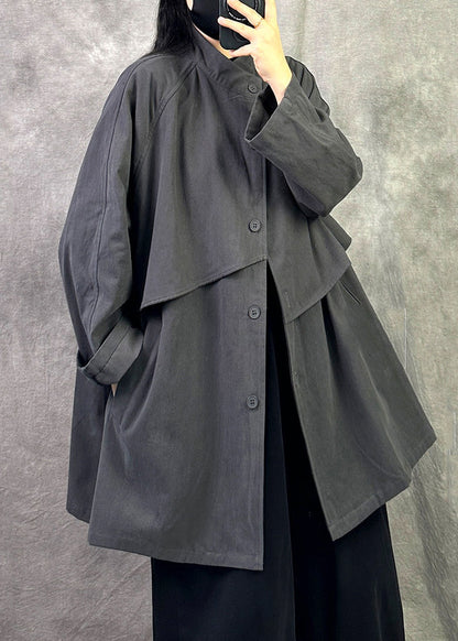 Casual Loose Grey Pockets Button Patchwork Cotton Coat Fall
