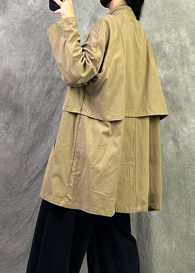 Casual Loose Grey Pockets Button Patchwork Cotton Coat Fall