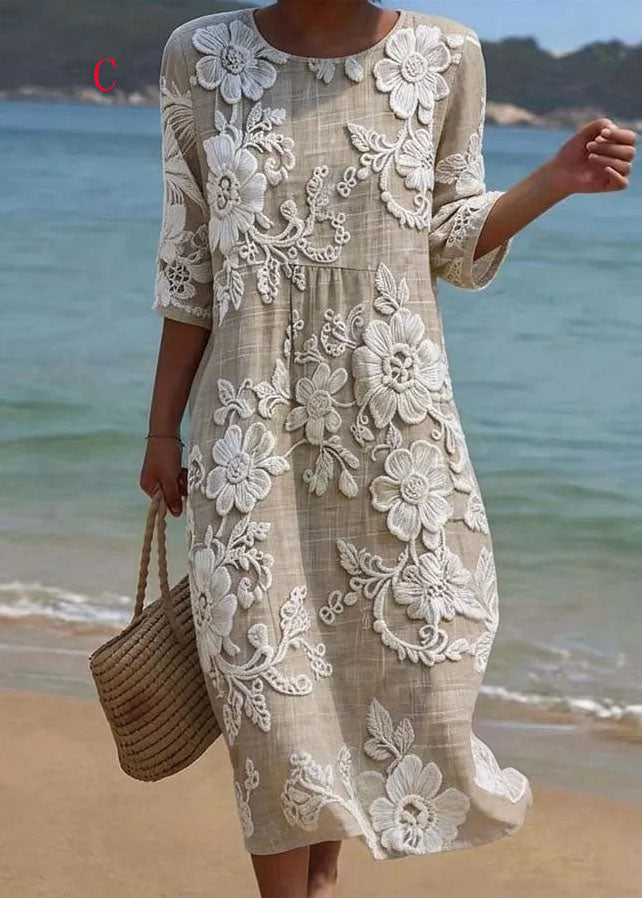 Casual Loose O Neck Print Cotton Long Dress Summer