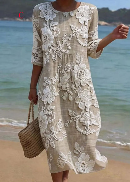 Casual Loose O Neck Print Cotton Long Dress Summer