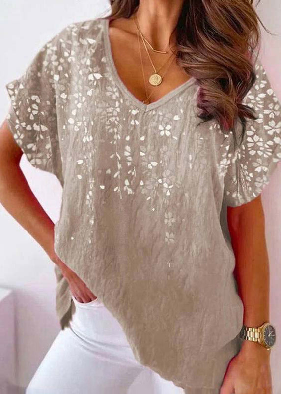 Casual Loose V Neck Print Cotton T Shirt Tops Summer