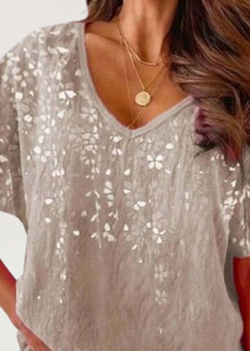 Casual Loose V Neck Print Cotton T Shirt Tops Summer