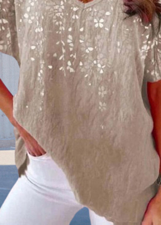 Casual Loose V Neck Print Cotton T Shirt Tops Summer