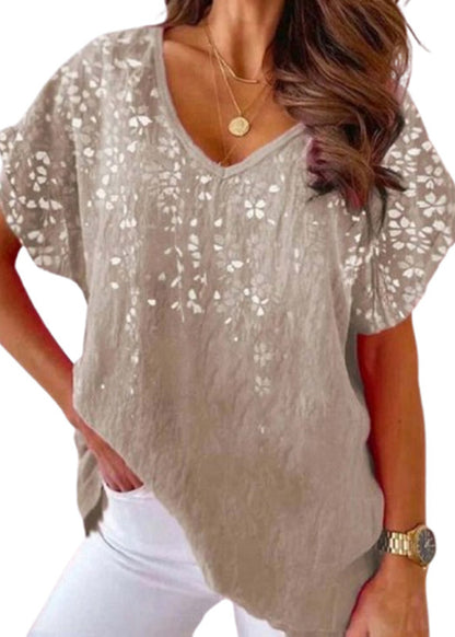 Casual Loose V Neck Print Cotton T Shirt Tops Summer