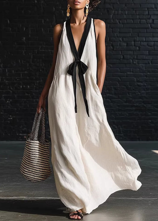 Casual Loose White V Neck Patchwork Cotton Dresses Sleeveless