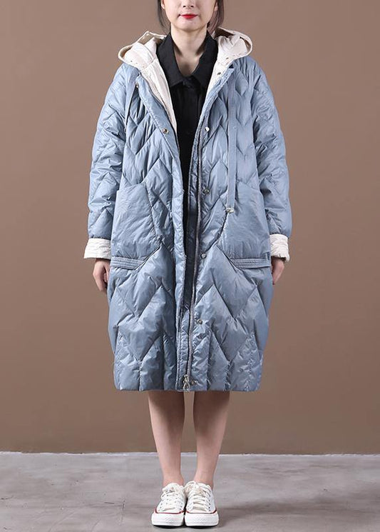 Casual Loose fitting down jacket overcoat light blue hooded zippered duck down coat - SooLinen