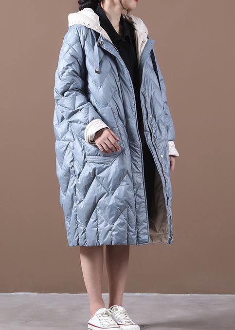Casual Loose fitting down jacket overcoat light blue hooded zippered duck down coat - SooLinen