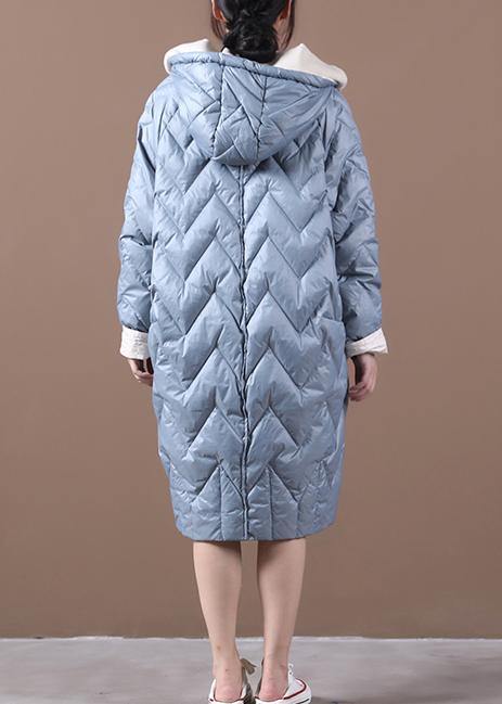 Casual Loose fitting down jacket overcoat light blue hooded zippered duck down coat - SooLinen