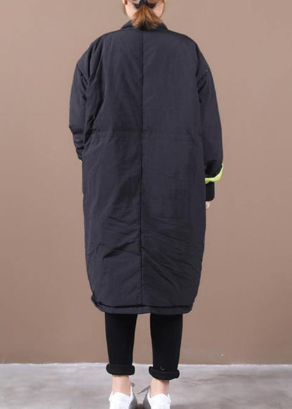 Casual Loose fitting womens parka pockets black stand collar asymmetric warm coat - SooLinen