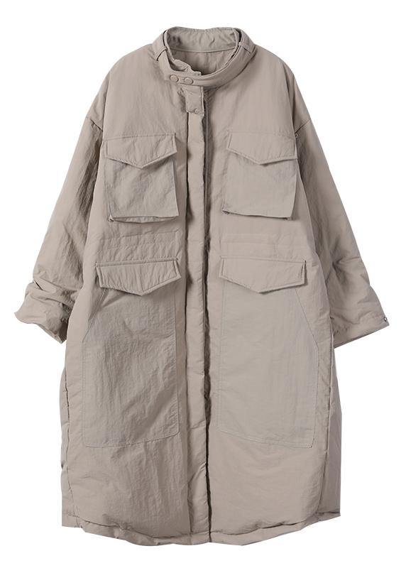 Casual Loose fitting womens parka pockets black stand collar asymmetric warm coat - SooLinen