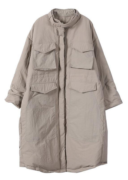 Casual Loose fitting womens parka pockets black stand collar asymmetric warm coat - SooLinen