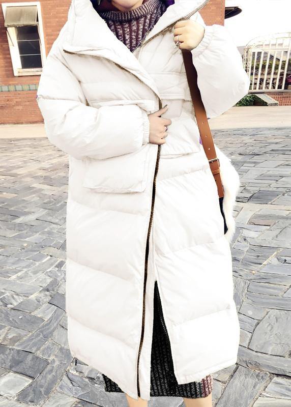 Casual Loose fitting womens parka winter outwear white stand collar Cinched duck down coat - SooLinen