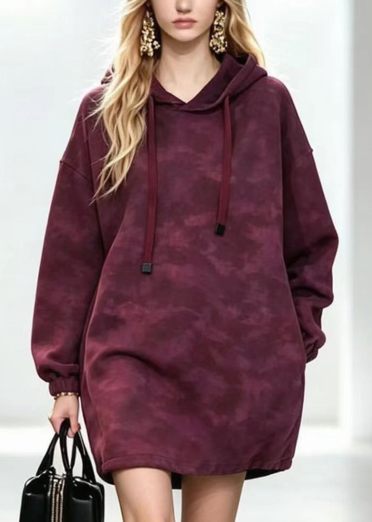 Casual Magenta Hooded Drawstring Long Fleece Sweatshirt Top Winter