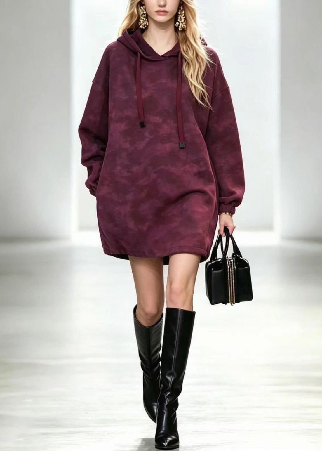 Casual Magenta Hooded Drawstring Long Fleece Sweatshirt Top Winter